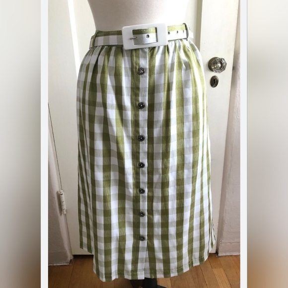 Modcloth New Retro green Gingham Checked Midi skirt belted Size 12 Acadamia - Picture 1 of 11
